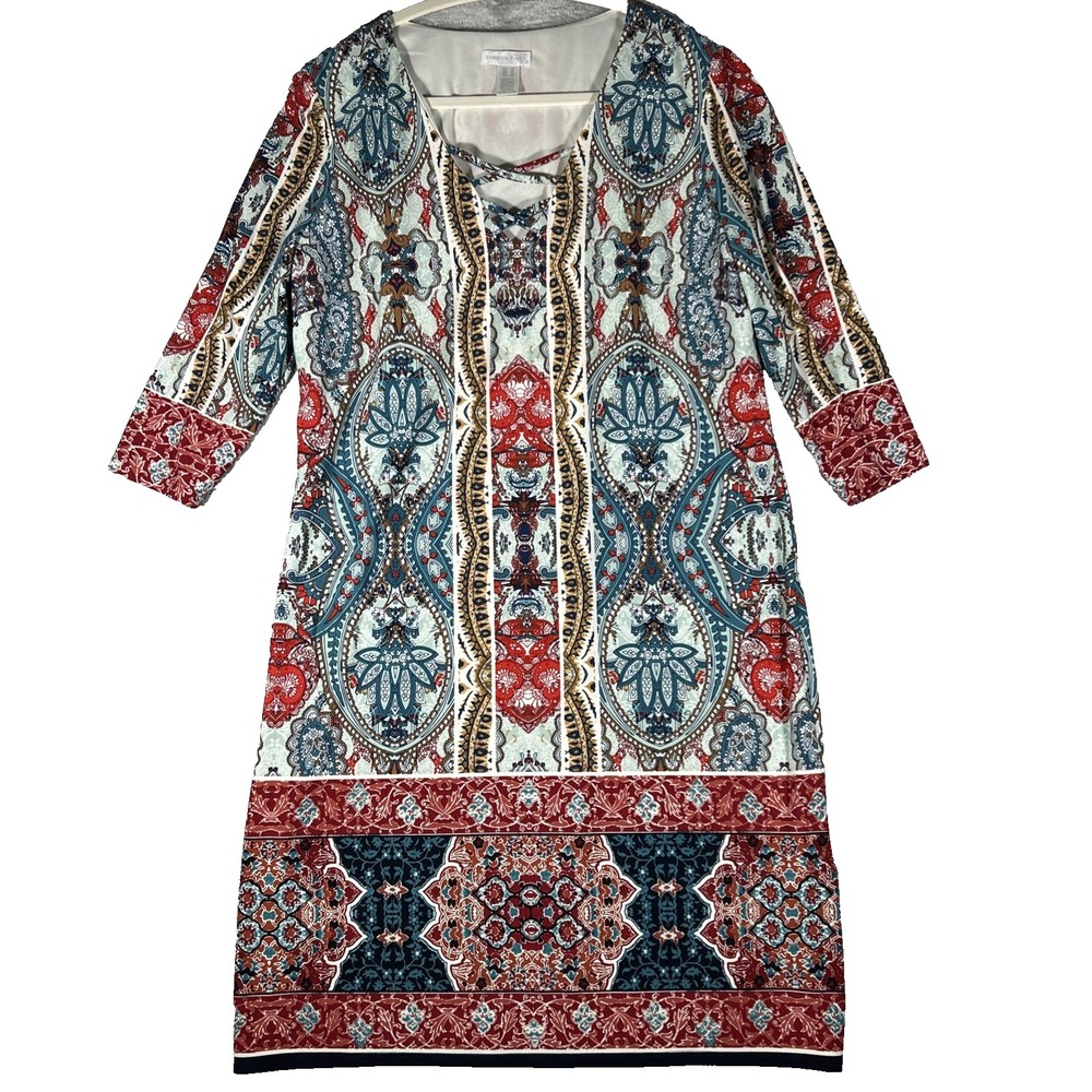 London Times Womens Dress Floral Paisley Stretch Knee Length Boho 3/4 Sleeve 10
